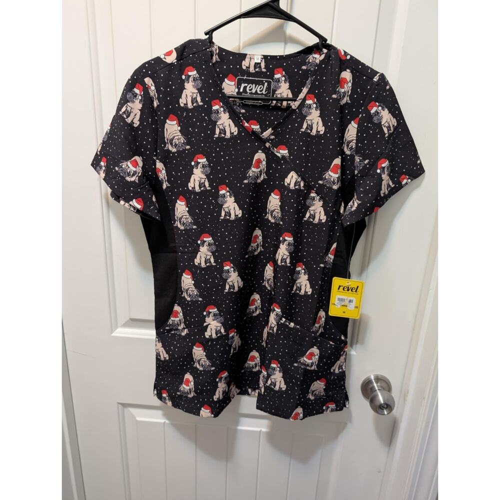 Revel Premium Stretch Christmas Pugs Dog Scrub Top Black Size M Holiday New!